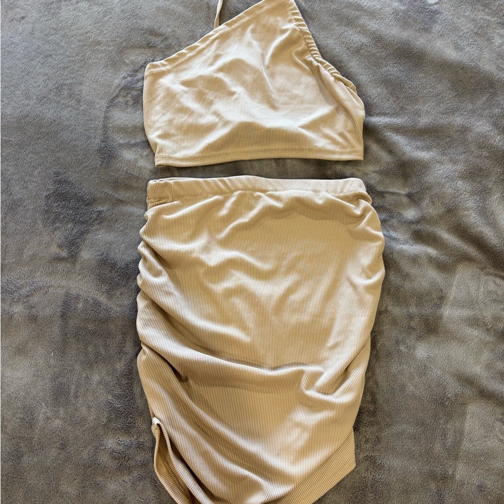 Beige Two-Piece Ribbed Set